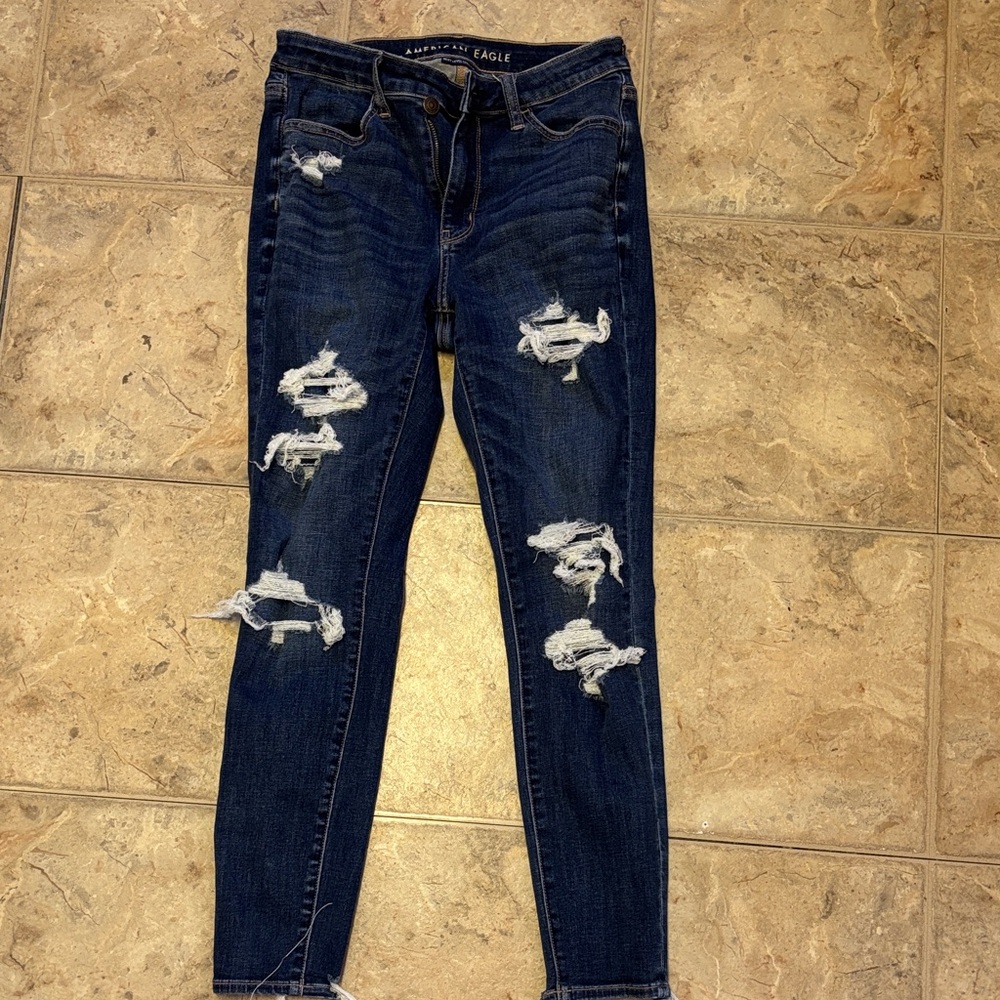 American Eagle Outfitters Women's Ripped Dark Blue Skinny Jeans